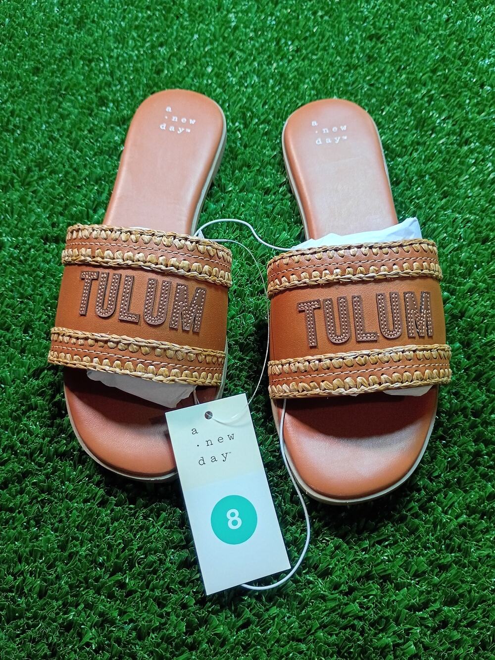A New Day Cognac "Tulum" Woven Slide Sandals - Size 8